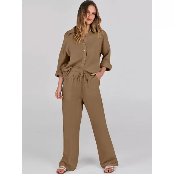 imageANRABESS Women 2 Piece Outfits 2023 Long Sleeve Wide Leg Matching Lounge Sets Fashion Travel Vacation ClothingBrown