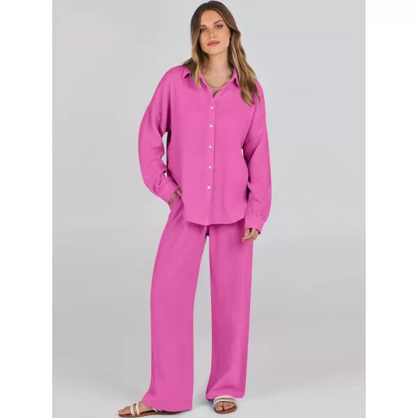 imageANRABESS Women 2 Piece Outfits 2023 Long Sleeve Wide Leg Matching Lounge Sets Fashion Travel Vacation ClothingHot Pink
