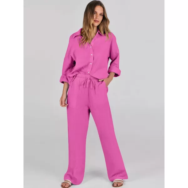 imageANRABESS Women 2 Piece Outfits 2023 Long Sleeve Wide Leg Matching Lounge Sets Fashion Travel Vacation ClothingHot Pink