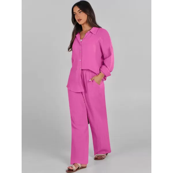 imageANRABESS Women 2 Piece Outfits 2023 Long Sleeve Wide Leg Matching Lounge Sets Fashion Travel Vacation ClothingHot Pink