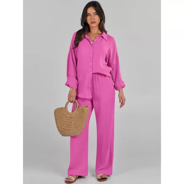 imageANRABESS Women 2 Piece Outfits 2023 Long Sleeve Wide Leg Matching Lounge Sets Fashion Travel Vacation ClothingHot Pink