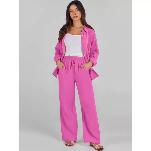 imageANRABESS Women 2 Piece Outfits 2023 Long Sleeve Wide Leg Matching Lounge Sets Fashion Travel Vacation ClothingHot Pink
