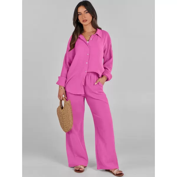 imageANRABESS Women 2 Piece Outfits 2023 Long Sleeve Wide Leg Matching Lounge Sets Fashion Travel Vacation ClothingHot Pink