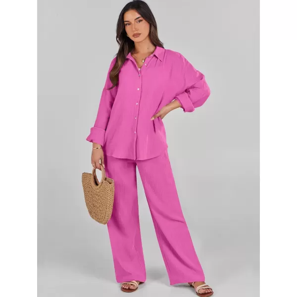 imageANRABESS Women 2 Piece Outfits 2023 Long Sleeve Wide Leg Matching Lounge Sets Fashion Travel Vacation ClothingHot Pink