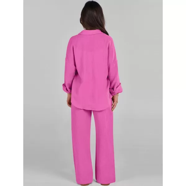 imageANRABESS Women 2 Piece Outfits 2023 Long Sleeve Wide Leg Matching Lounge Sets Fashion Travel Vacation ClothingHot Pink
