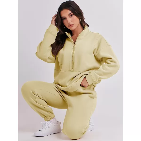 imageANRABESS Women 2 Piece Outfits Fleece Half Zip Oversized Sweatshirt Jogger Pants Matching Set Y2K TracksuitApricot