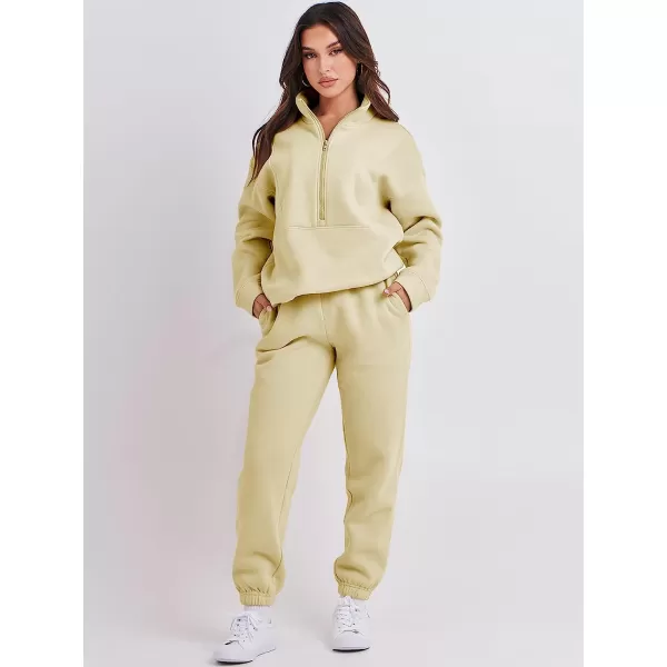 imageANRABESS Women 2 Piece Outfits Fleece Half Zip Oversized Sweatshirt Jogger Pants Matching Set Y2K TracksuitApricot