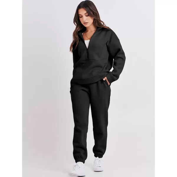 imageANRABESS Women 2 Piece Outfits Fleece Half Zip Oversized Sweatshirt Jogger Pants Matching Set Y2K TracksuitBlack