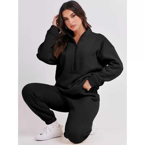 imageANRABESS Women 2 Piece Outfits Fleece Half Zip Oversized Sweatshirt Jogger Pants Matching Set Y2K TracksuitBlack