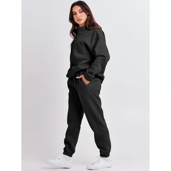 imageANRABESS Women 2 Piece Outfits Fleece Half Zip Oversized Sweatshirt Jogger Pants Matching Set Y2K TracksuitBlack