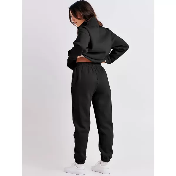 imageANRABESS Women 2 Piece Outfits Fleece Half Zip Oversized Sweatshirt Jogger Pants Matching Set Y2K TracksuitBlack