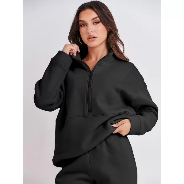 imageANRABESS Women 2 Piece Outfits Fleece Half Zip Oversized Sweatshirt Jogger Pants Matching Set Y2K TracksuitBlack