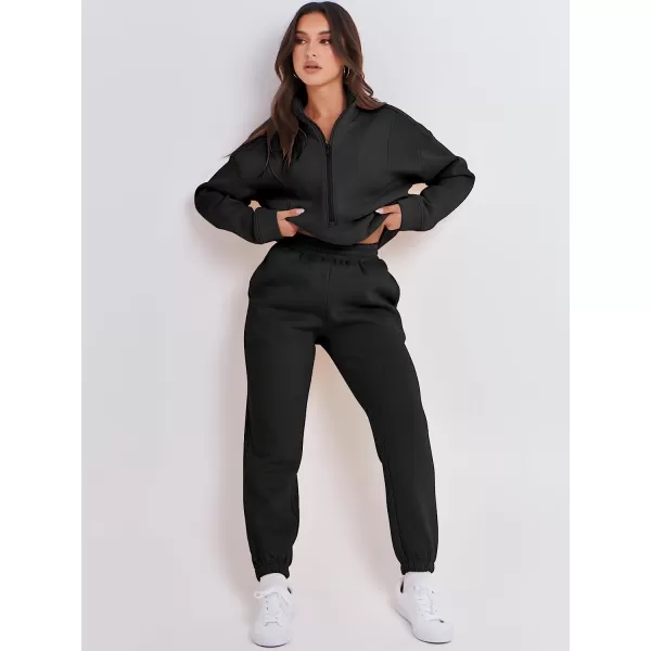imageANRABESS Women 2 Piece Outfits Fleece Half Zip Oversized Sweatshirt Jogger Pants Matching Set Y2K TracksuitBlack