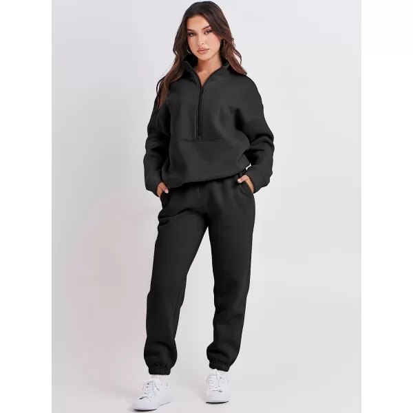 imageANRABESS Women 2 Piece Outfits Fleece Half Zip Oversized Sweatshirt Jogger Pants Matching Set Y2K TracksuitBlack