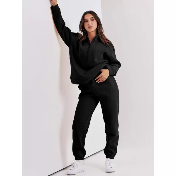 imageANRABESS Women 2 Piece Outfits Fleece Half Zip Oversized Sweatshirt Jogger Pants Matching Set Y2K TracksuitBlack