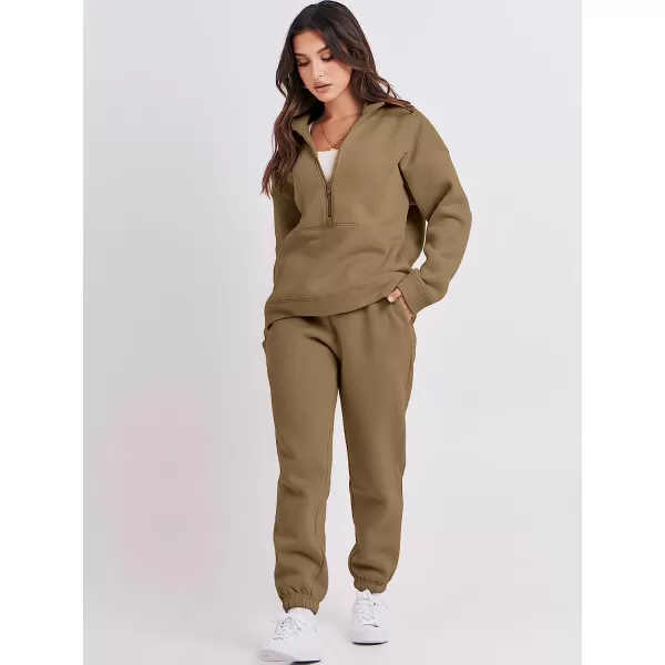 imageANRABESS Women 2 Piece Outfits Fleece Half Zip Oversized Sweatshirt Jogger Pants Matching Set Y2K TracksuitBrown