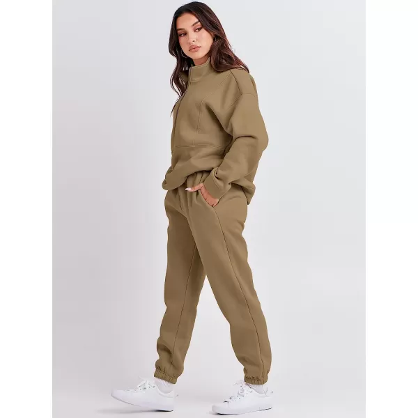 imageANRABESS Women 2 Piece Outfits Fleece Half Zip Oversized Sweatshirt Jogger Pants Matching Set Y2K TracksuitBrown