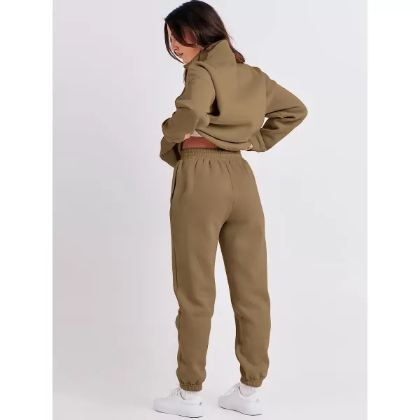 imageANRABESS Women 2 Piece Outfits Fleece Half Zip Oversized Sweatshirt Jogger Pants Matching Set Y2K TracksuitBrown