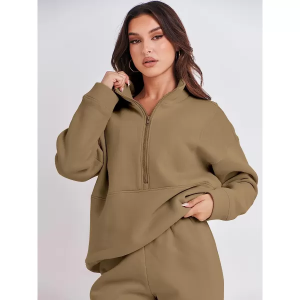 imageANRABESS Women 2 Piece Outfits Fleece Half Zip Oversized Sweatshirt Jogger Pants Matching Set Y2K TracksuitBrown