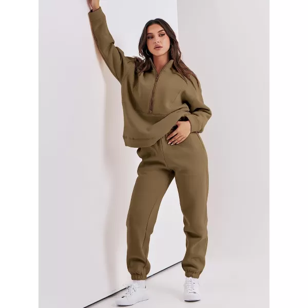 imageANRABESS Women 2 Piece Outfits Fleece Half Zip Oversized Sweatshirt Jogger Pants Matching Set Y2K TracksuitBrown