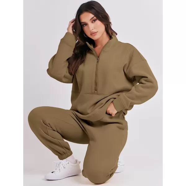 imageANRABESS Women 2 Piece Outfits Fleece Half Zip Oversized Sweatshirt Jogger Pants Matching Set Y2K TracksuitBrown