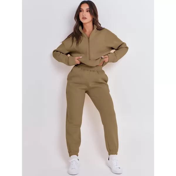 imageANRABESS Women 2 Piece Outfits Fleece Half Zip Oversized Sweatshirt Jogger Pants Matching Set Y2K TracksuitBrown