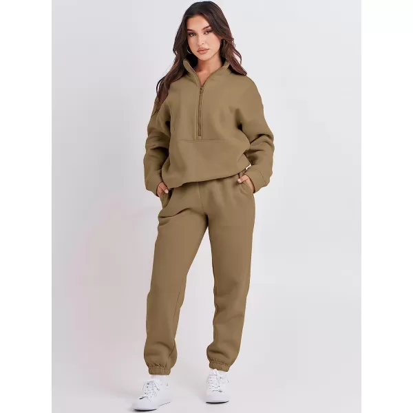 imageANRABESS Women 2 Piece Outfits Fleece Half Zip Oversized Sweatshirt Jogger Pants Matching Set Y2K TracksuitBrown