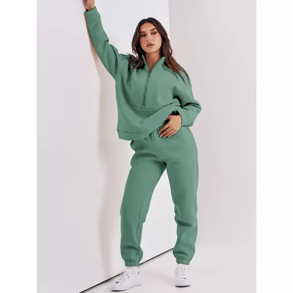 imageANRABESS Women 2 Piece Outfits Fleece Half Zip Oversized Sweatshirt Jogger Pants Matching Set Y2K TracksuitGreen