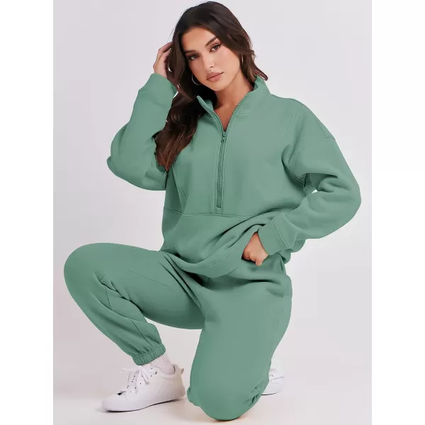 imageANRABESS Women 2 Piece Outfits Fleece Half Zip Oversized Sweatshirt Jogger Pants Matching Set Y2K TracksuitGreen