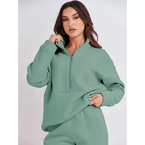 imageANRABESS Women 2 Piece Outfits Fleece Half Zip Oversized Sweatshirt Jogger Pants Matching Set Y2K TracksuitGreen