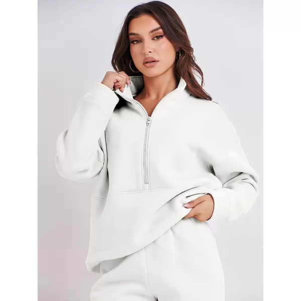 imageANRABESS Women 2 Piece Outfits Fleece Half Zip Oversized Sweatshirt Jogger Pants Matching Set Y2K TracksuitWhite