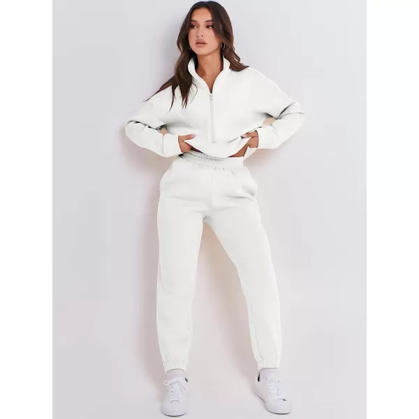 imageANRABESS Women 2 Piece Outfits Fleece Half Zip Oversized Sweatshirt Jogger Pants Matching Set Y2K TracksuitWhite