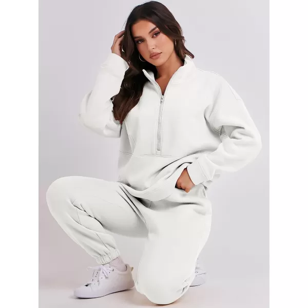 imageANRABESS Women 2 Piece Outfits Fleece Half Zip Oversized Sweatshirt Jogger Pants Matching Set Y2K TracksuitWhite