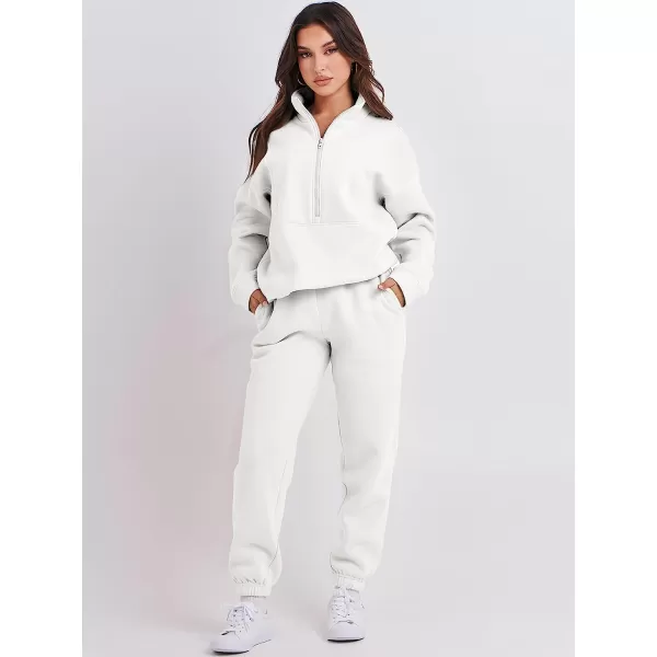 imageANRABESS Women 2 Piece Outfits Fleece Half Zip Oversized Sweatshirt Jogger Pants Matching Set Y2K TracksuitWhite