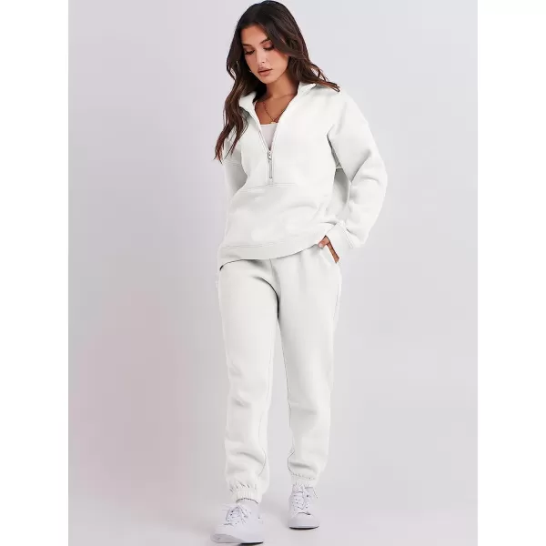 imageANRABESS Women 2 Piece Outfits Fleece Half Zip Oversized Sweatshirt Jogger Pants Matching Set Y2K TracksuitWhite