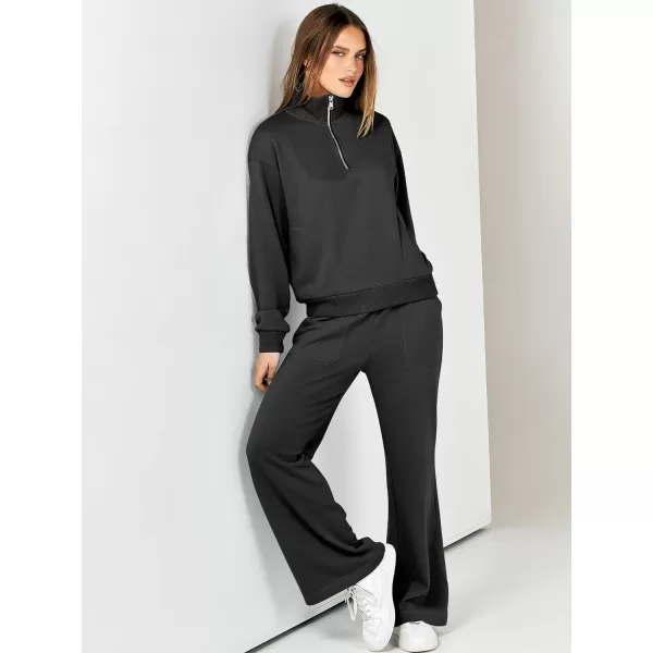 imageANRABESS Women 2 Piece Outfits Half Zip Sweatshirt amp Wide Leg Pants Sweatsuit Lounge Set 2023 Fall Tracksuits with PocketsBlack