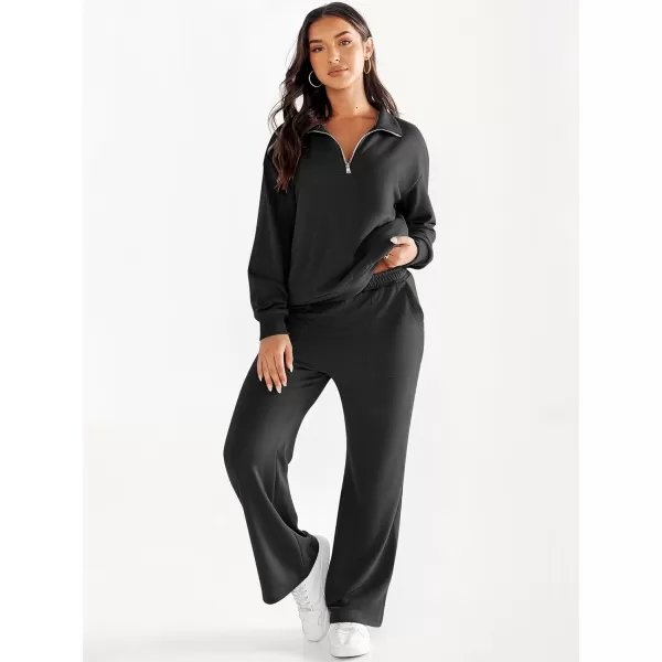imageANRABESS Women 2 Piece Outfits Half Zip Sweatshirt amp Wide Leg Pants Sweatsuit Lounge Set 2023 Fall Tracksuits with PocketsBlack