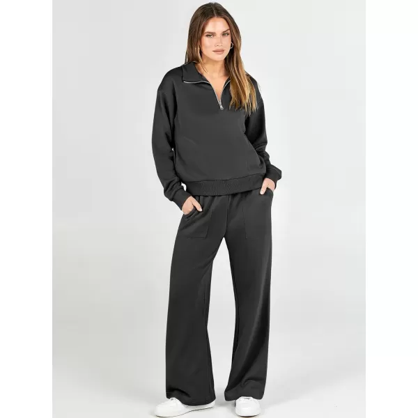 imageANRABESS Women 2 Piece Outfits Half Zip Sweatshirt amp Wide Leg Pants Sweatsuit Lounge Set 2023 Fall Tracksuits with PocketsBlack