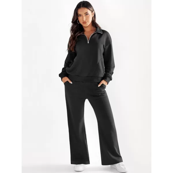 imageANRABESS Women 2 Piece Outfits Half Zip Sweatshirt amp Wide Leg Pants Sweatsuit Lounge Set 2023 Fall Tracksuits with PocketsBlack