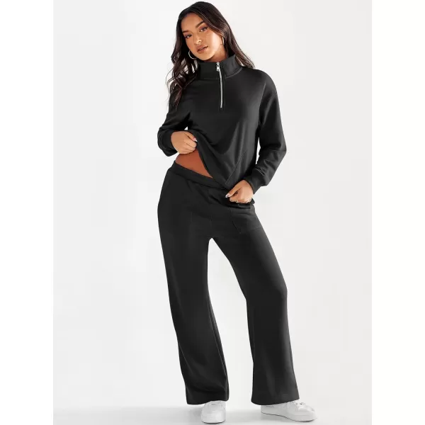 imageANRABESS Women 2 Piece Outfits Half Zip Sweatshirt amp Wide Leg Pants Sweatsuit Lounge Set 2023 Fall Tracksuits with PocketsBlack