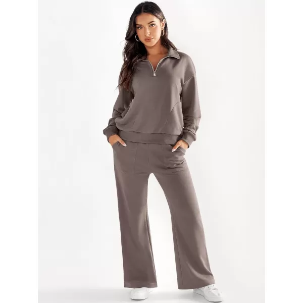 imageANRABESS Women 2 Piece Outfits Half Zip Sweatshirt amp Wide Leg Pants Sweatsuit Lounge Set 2023 Fall Tracksuits with PocketsBrown