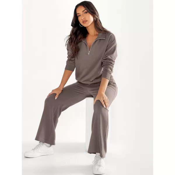 imageANRABESS Women 2 Piece Outfits Half Zip Sweatshirt amp Wide Leg Pants Sweatsuit Lounge Set 2023 Fall Tracksuits with PocketsBrown