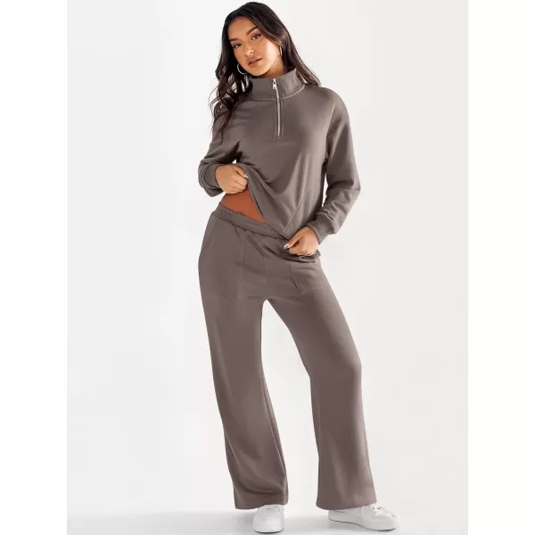 imageANRABESS Women 2 Piece Outfits Half Zip Sweatshirt amp Wide Leg Pants Sweatsuit Lounge Set 2023 Fall Tracksuits with PocketsBrown