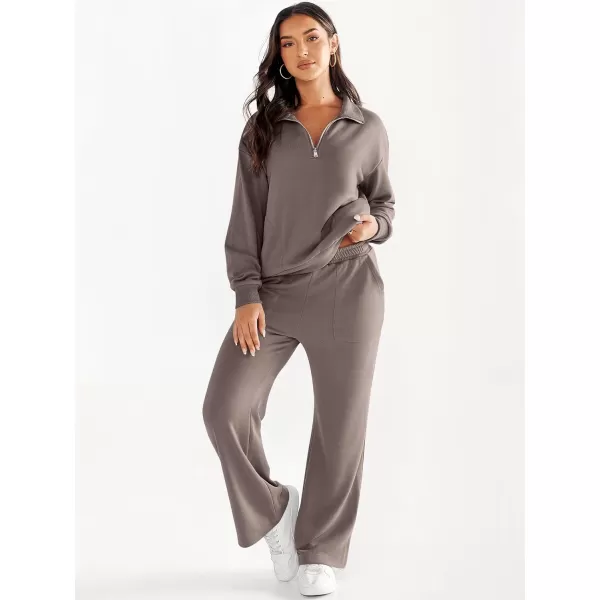 imageANRABESS Women 2 Piece Outfits Half Zip Sweatshirt amp Wide Leg Pants Sweatsuit Lounge Set 2023 Fall Tracksuits with PocketsBrown