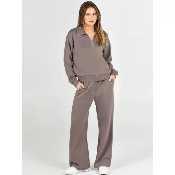 imageANRABESS Women 2 Piece Outfits Half Zip Sweatshirt amp Wide Leg Pants Sweatsuit Lounge Set 2023 Fall Tracksuits with PocketsBrown