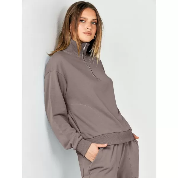 imageANRABESS Women 2 Piece Outfits Half Zip Sweatshirt amp Wide Leg Pants Sweatsuit Lounge Set 2023 Fall Tracksuits with PocketsBrown