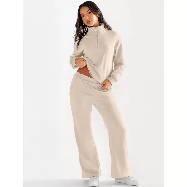 imageANRABESS Women 2 Piece Outfits Half Zip Sweatshirt amp Wide Leg Pants Sweatsuit Lounge Set 2023 Fall Tracksuits with PocketsDeep Apricot