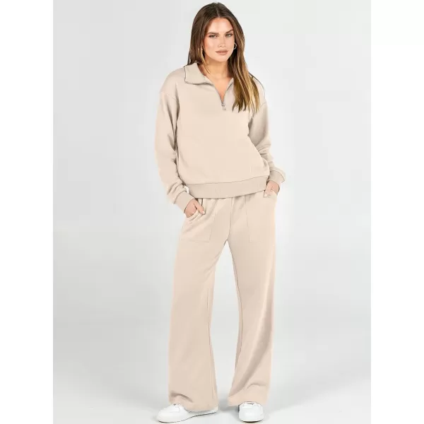imageANRABESS Women 2 Piece Outfits Half Zip Sweatshirt amp Wide Leg Pants Sweatsuit Lounge Set 2023 Fall Tracksuits with PocketsDeep Apricot