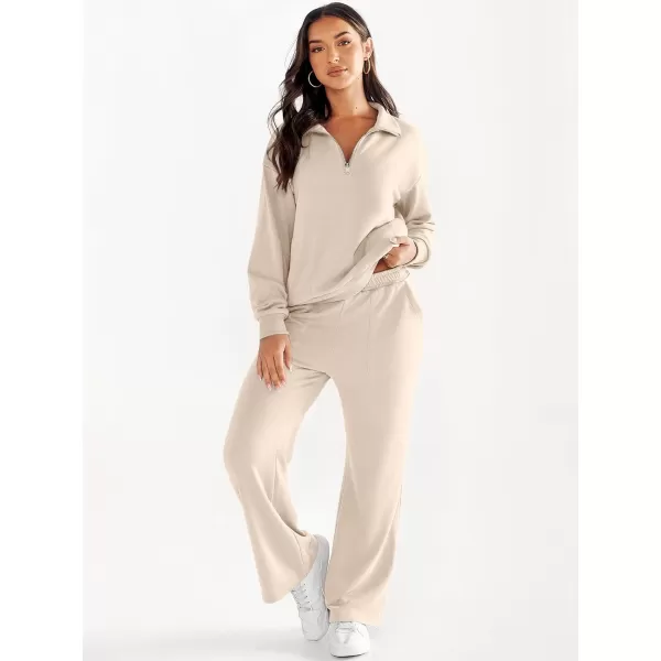 imageANRABESS Women 2 Piece Outfits Half Zip Sweatshirt amp Wide Leg Pants Sweatsuit Lounge Set 2023 Fall Tracksuits with PocketsDeep Apricot