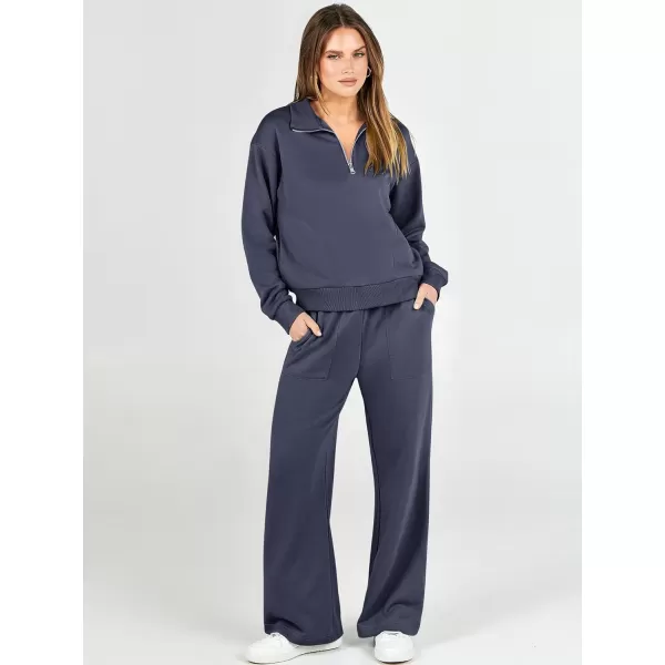 imageANRABESS Women 2 Piece Outfits Half Zip Sweatshirt amp Wide Leg Pants Sweatsuit Lounge Set 2023 Fall Tracksuits with PocketsDeep Blue